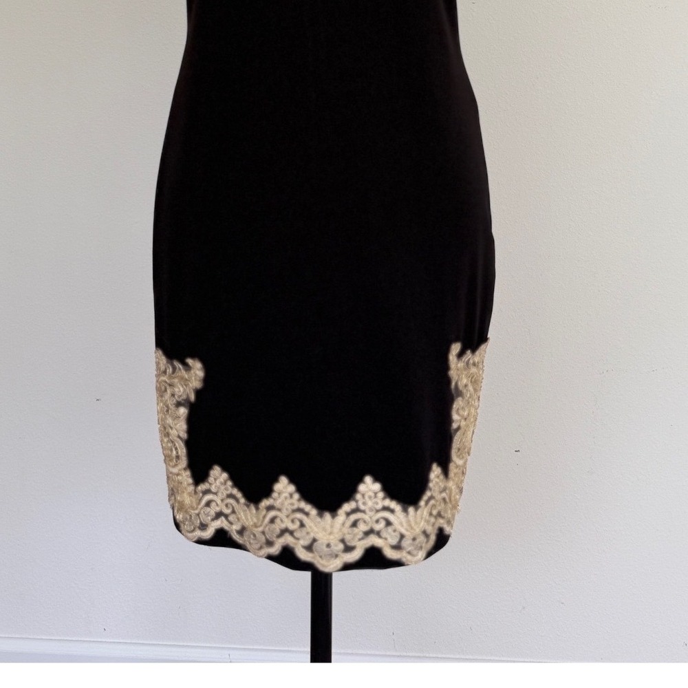 SHEIN Black Sheath Dress Gold Lace Applique Sleeveless Cocktail Dark Academia - Picture 13 of 14